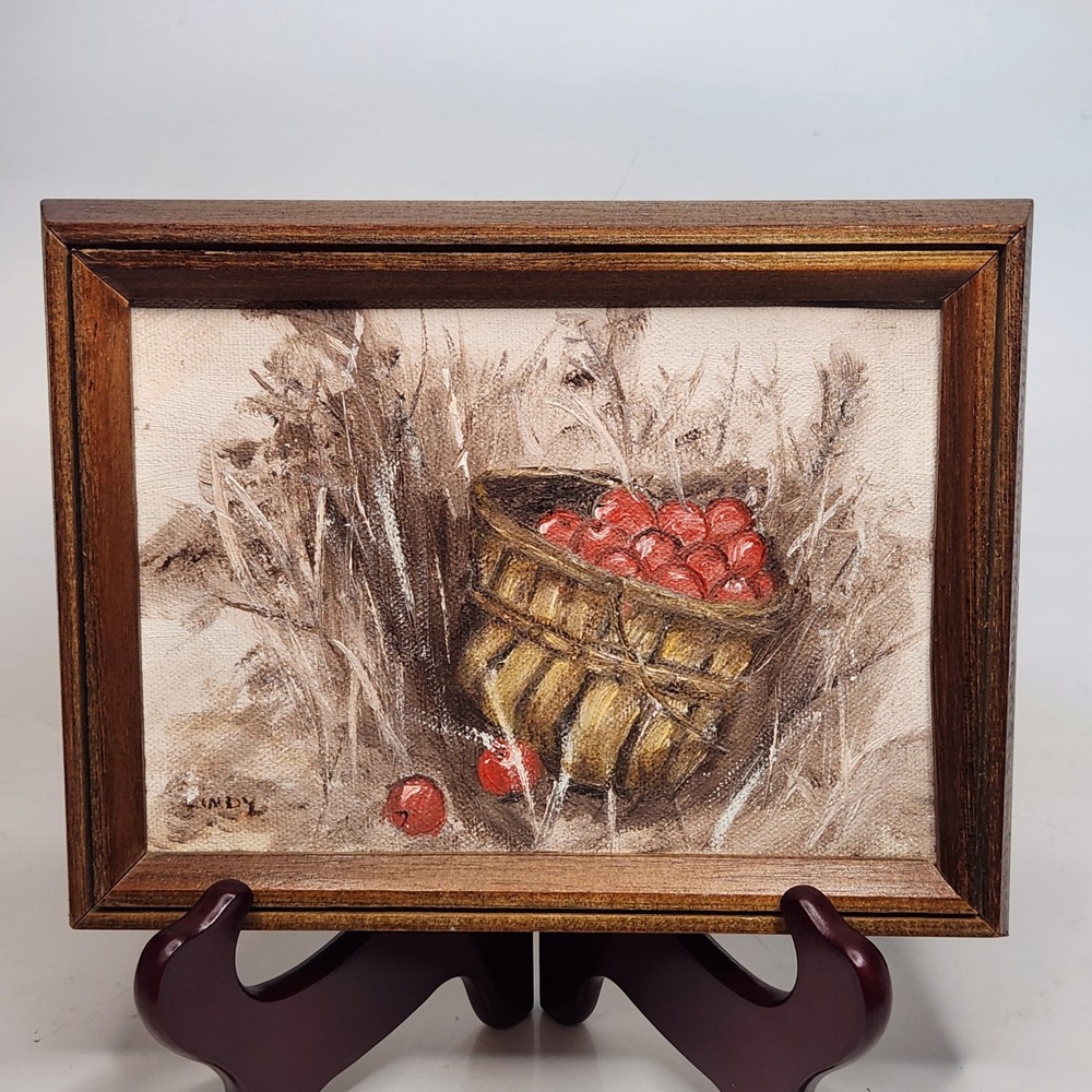 VTG Framed Canvas Fall Apples Autumn Painting 6x8 Signed Wood Frame Cottagecore